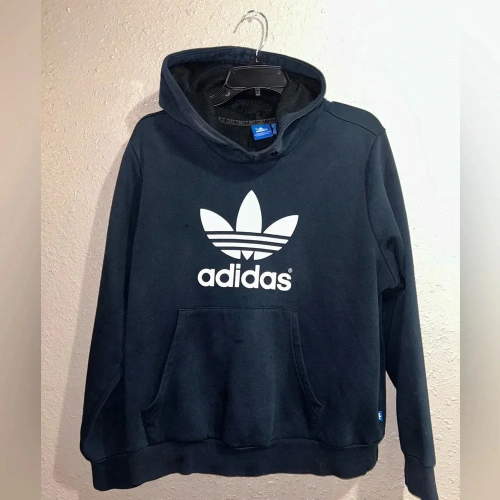 Adidas Big Logo Hoodie Sweatshirt Black No Draw String Size: XL